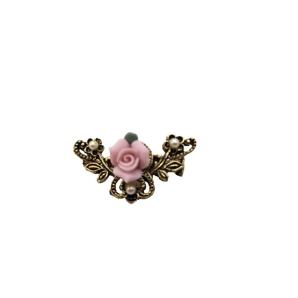 Vintage Gold Tone Porcelain Rose Faux Pearl Brooch Pin Victorian EUC